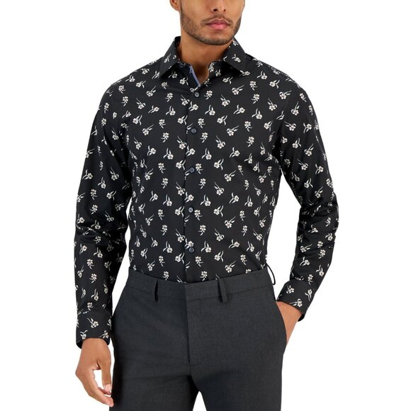 Bar Iii Mens Slim fit Dress Shirt Size L 16-16.5 Black Floral MSRP $70 - Picture 1 of 1